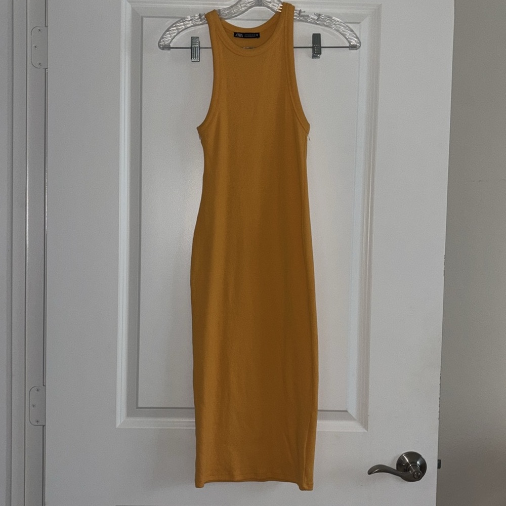 Zara Women’s Size S Yellow Ribbed Bodycon Midi Dress Racerback Trendy Chic